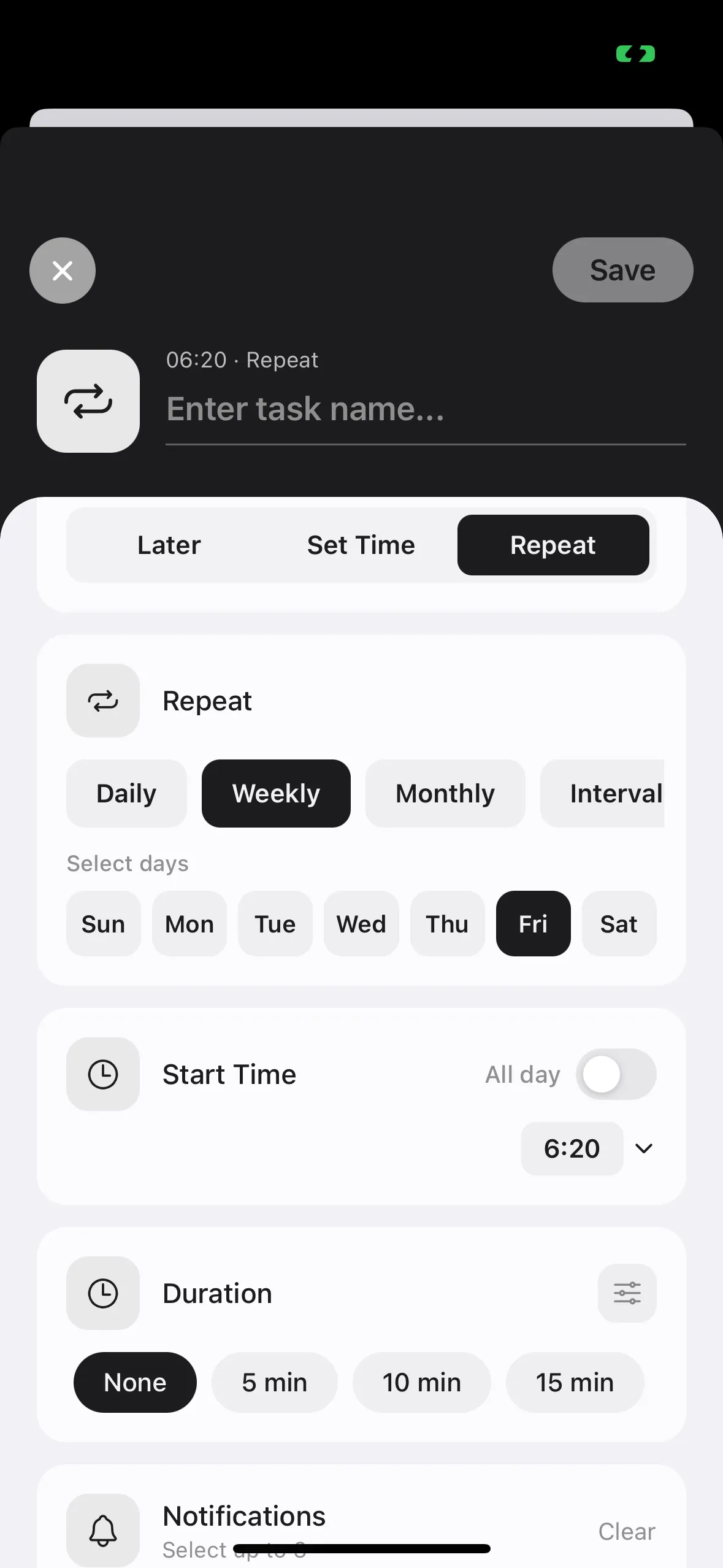 Select "Recurring" in the "When" section