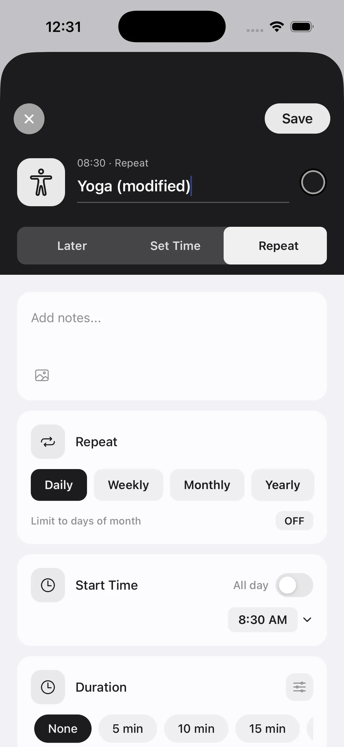 Tap the recurring task to edit its content