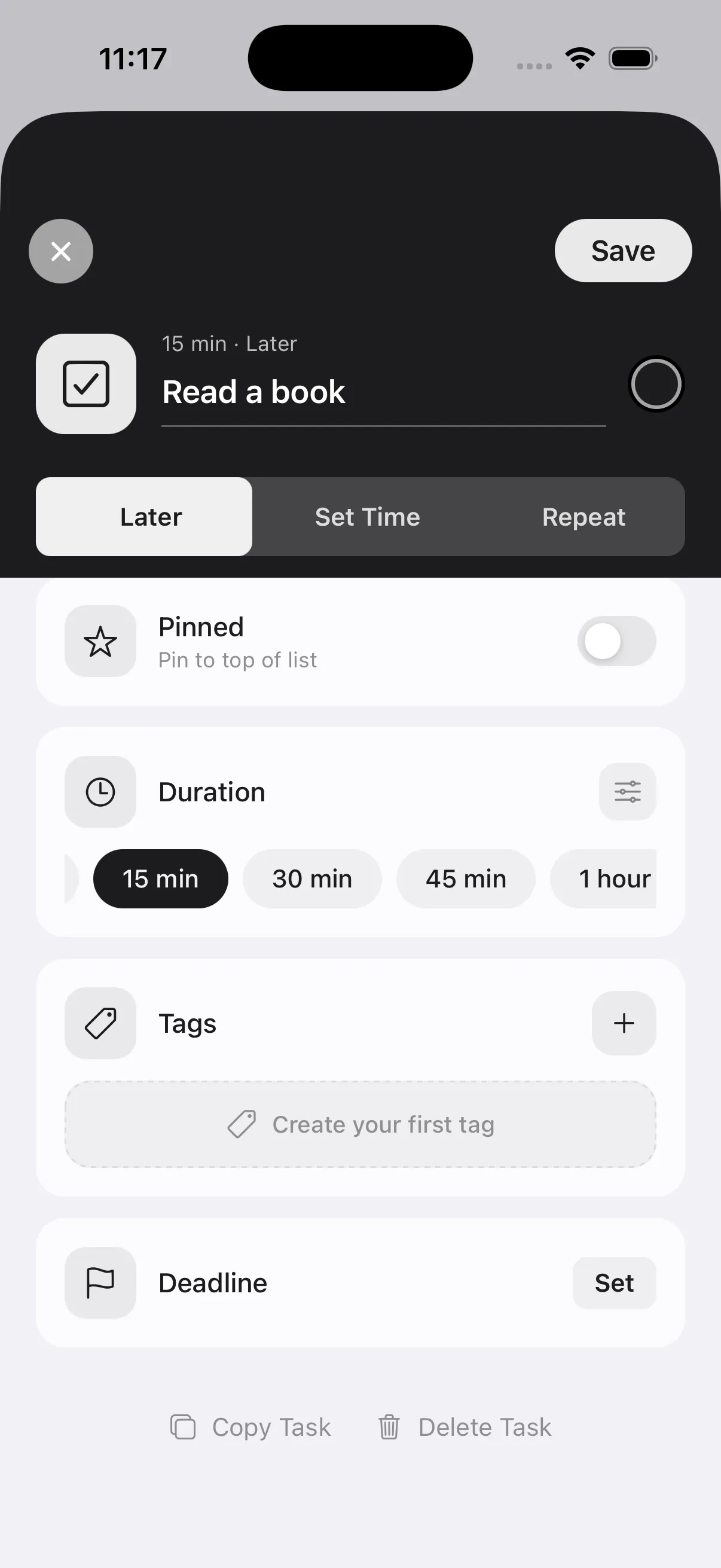 Tap "Delete task" at the very bottom of the edit screen